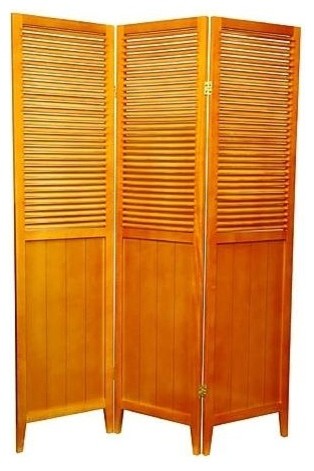 Beadboard Room Divider with Venetian Style Slats in Honey Stain (3 Panel)