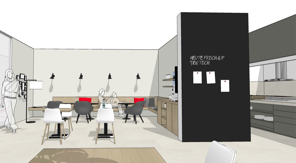 Bobst Kantine Mitarbeiterbereich Mittagspause Office Büro Planung Umplanung Modernisierung Interior Design NRW Krefeld Meerbusch Architektur Innenarchitektur Gestaltung 3D Akustik Küche Mensa