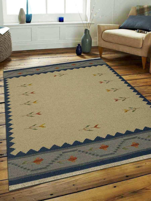 Bedroom eCarpet Gallery Area Rug for Living Room 346280 Bold and Colorful Bordered Red Kilim 4'2 x 6'6 Hand-Knotted Wool Rug 