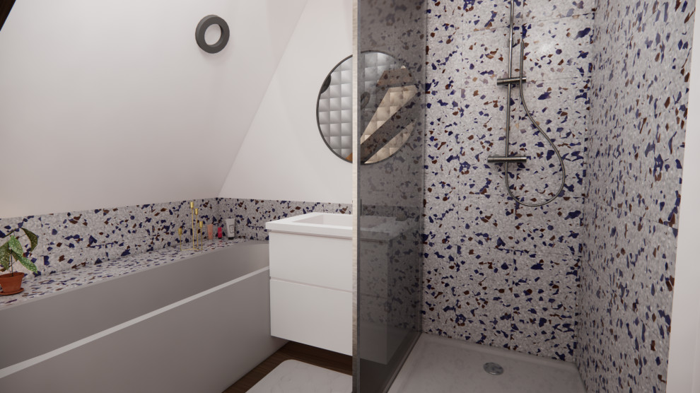 Пример оригинального дизайна: маленькая главная, серо-белая ванная комната в скандинавском стиле с фасадами с утопленной филенкой, белыми фасадами, полновстраиваемой ванной, душем без бортиков, инсталляцией, синей плиткой, керамической плиткой, белыми стенами, полом из цементной плитки, монолитной раковиной, столешницей из плитки, серым полом, белой столешницей, тумбой под одну раковину и подвесной тумбой для на участке и в саду