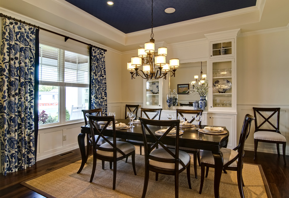 Photo of a traditional dining room in Other with beige walls and dark hardwood floors.