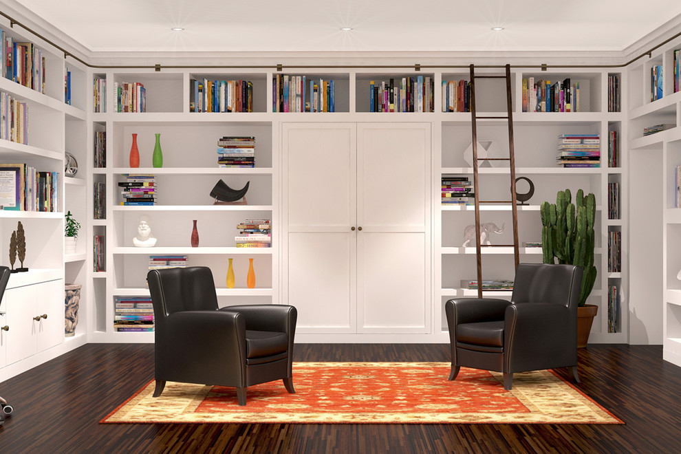 This is an example of a large home office in Miami with a library, white walls, dark hardwood floors and brown floor.