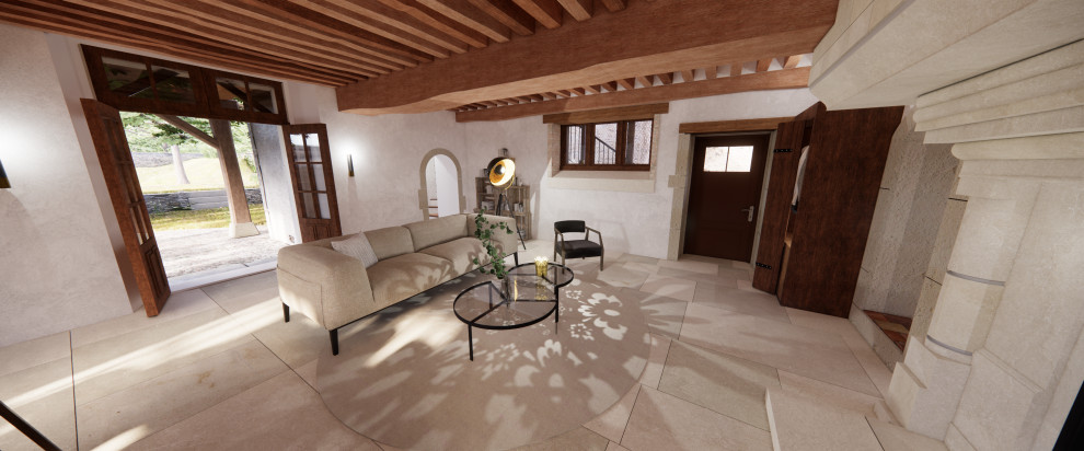 Esempio di un soggiorno boho chic di medie dimensioni e aperto con pareti bianche, camino classico, cornice del camino in pietra, pavimento beige e travi a vista