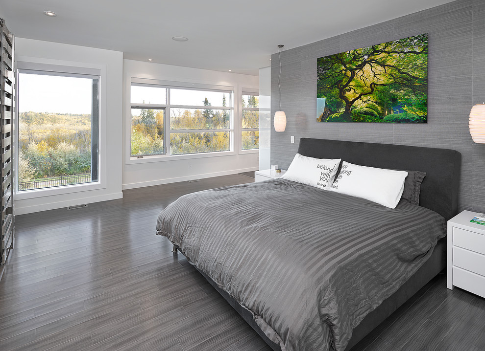 Inspiration for a contemporary bedroom in Edmonton with grey walls.
