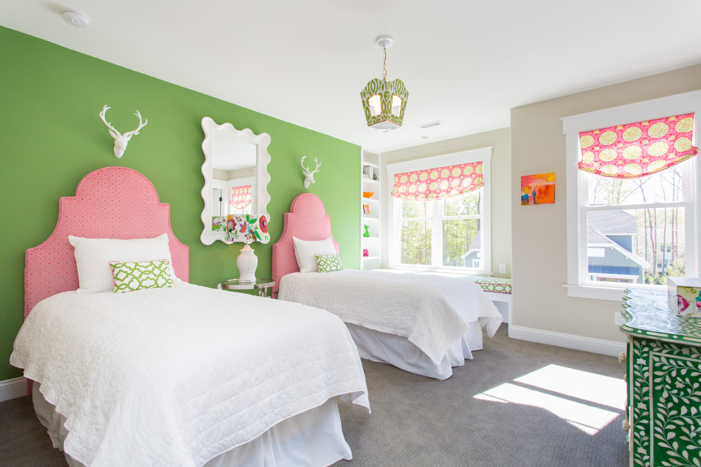 This is an example of a transitional kids' bedroom for girls in Richmond with carpet, grey floor and multi-coloured walls.