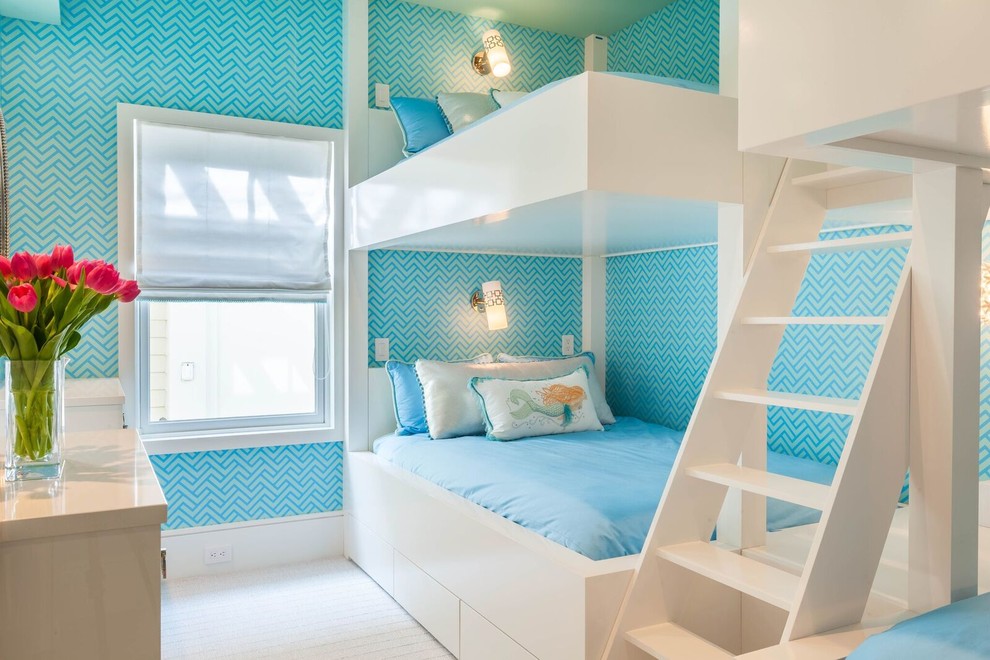 Stone Harbor Modern - Example of a bedroom beach style girl kids' bedroom design in Philadelphia with blue walls