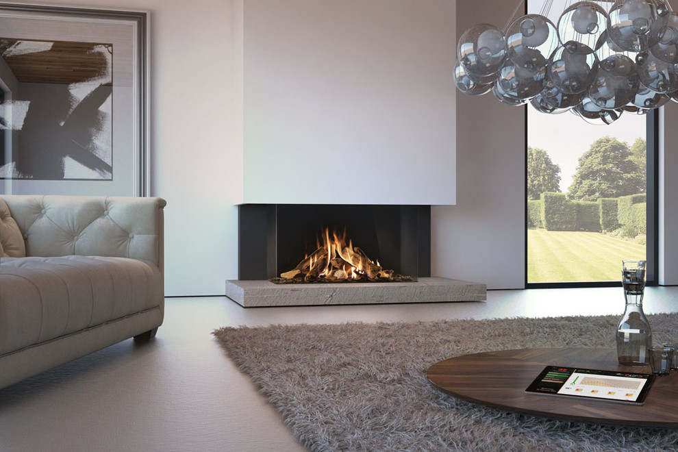 This is an example of a large contemporary formal open concept living room in Nuremberg with white walls, linoleum floors, a standard fireplace, a concrete fireplace surround, no tv and beige floor.