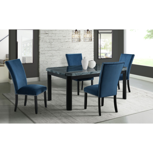 Francesca Rectangular 5 Piece Blue Velvet Chairs Dining Set Table and 4 ...