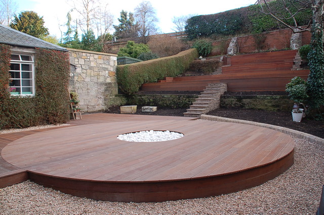 Hardwood Deck Built To Surround A Fire Pit Modern Deck