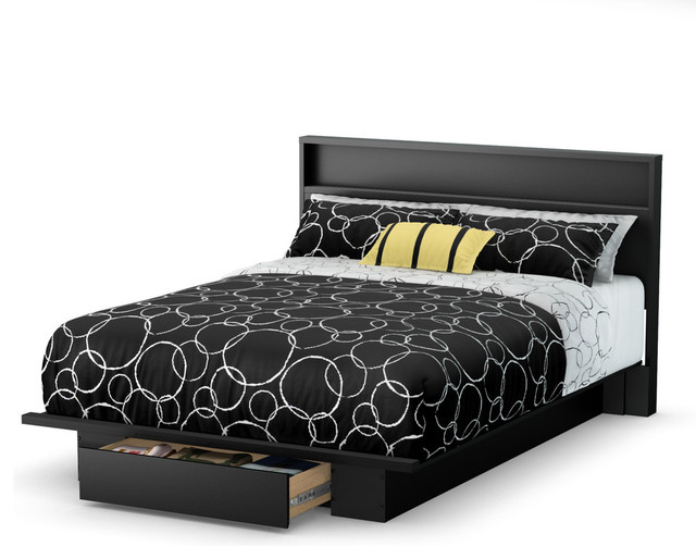 Platform Bed With Drawer and Headboard, Pure Black Contemporary