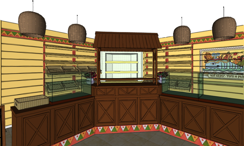Эскиз торгового зала мини-пекарни в лубочном стиле.