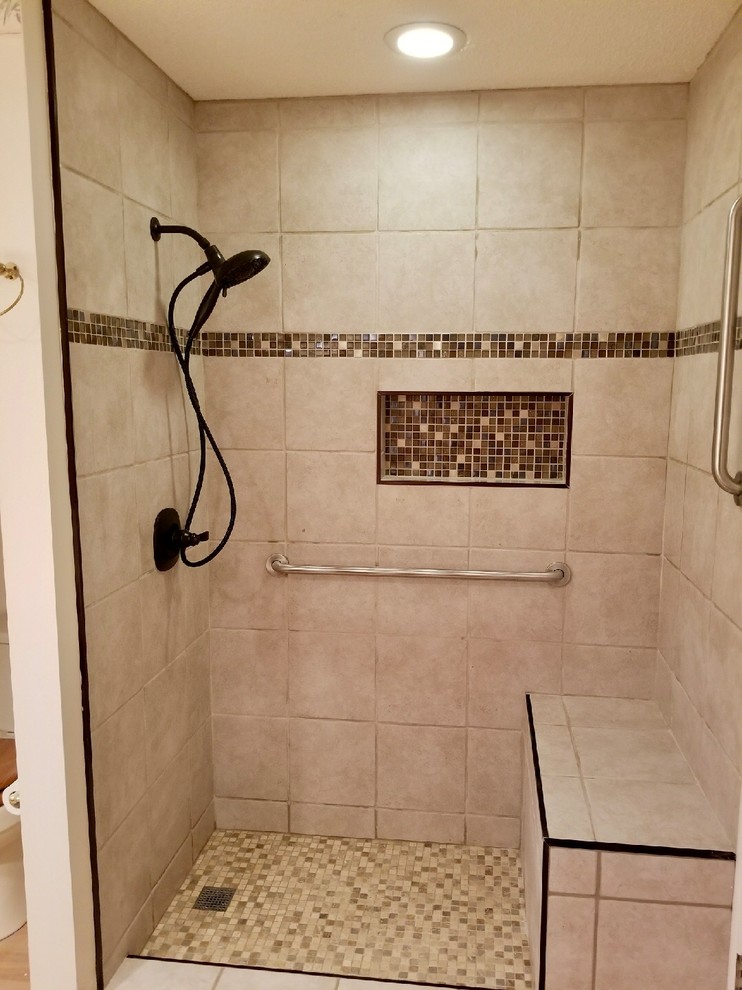 Inspiration for a bathroom in Atlanta with an open shower and cement tile.