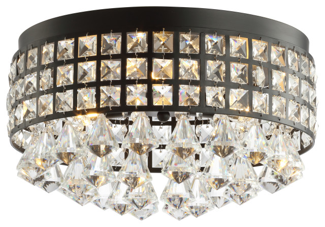 Meredith 3-Light Crystal Drops and Metal LED Flush Mount, Black/Clear, Width: 14