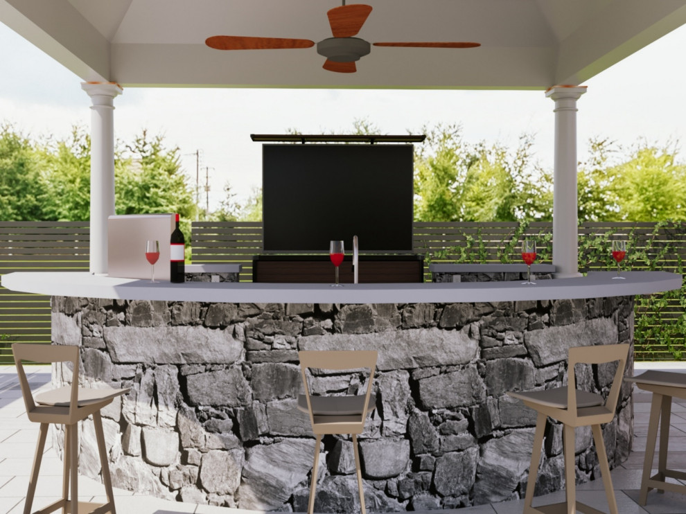 Outdoor patio bar with hidden TV lift cabinet