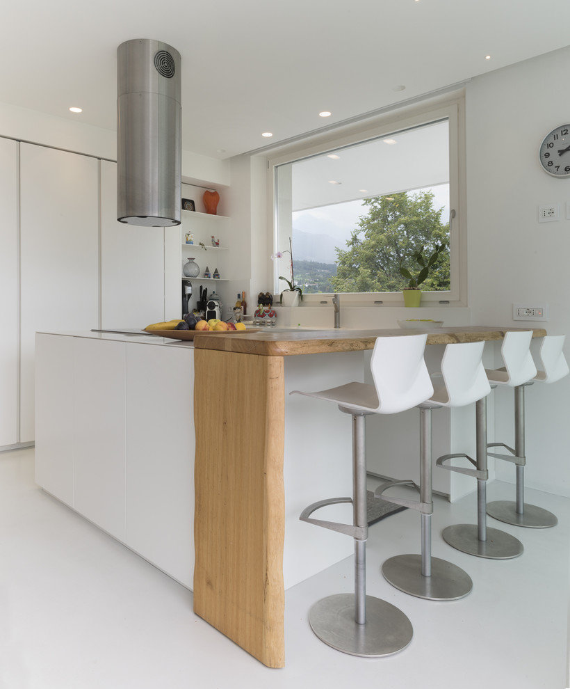 Inspiration for a contemporary kitchen in Other with flat-panel cabinets, white cabinets and white floor.