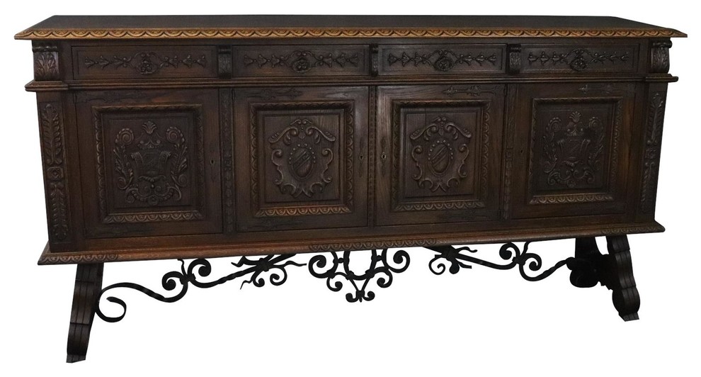 Consigned Sideboard Renaissance Carved Oak Ornate Wrought Iron French