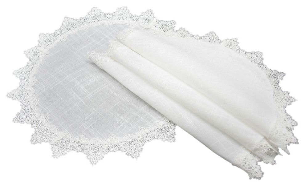 Victorian Lace Trim Round Placemats, 16", White, Set of 4