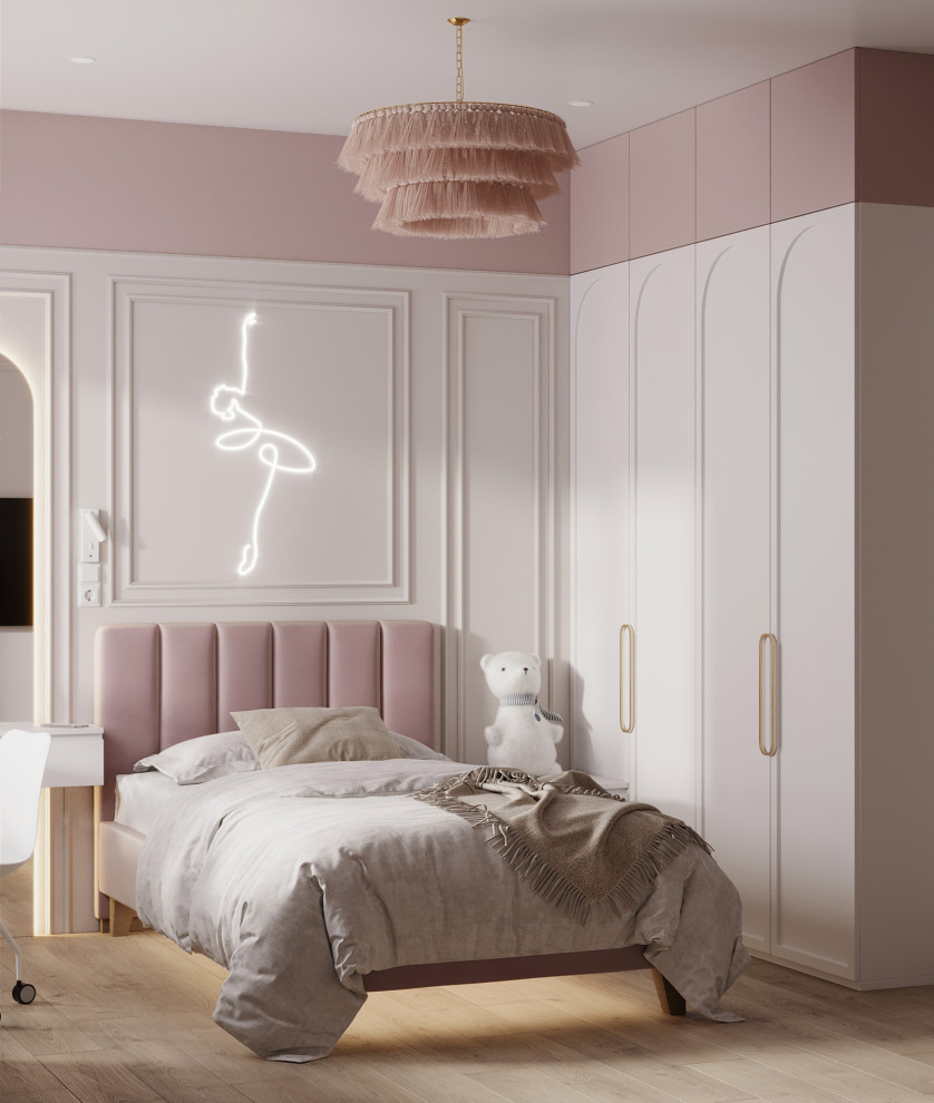 Идея дизайна: детская среднего размера: освещение в современном стиле с спальным местом, розовыми стенами, паркетным полом среднего тона и бежевым полом для девочки