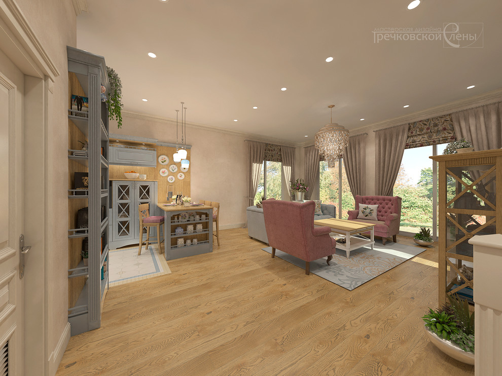 Интерьер кухни-гостиной в загородном доме. Дедёшино