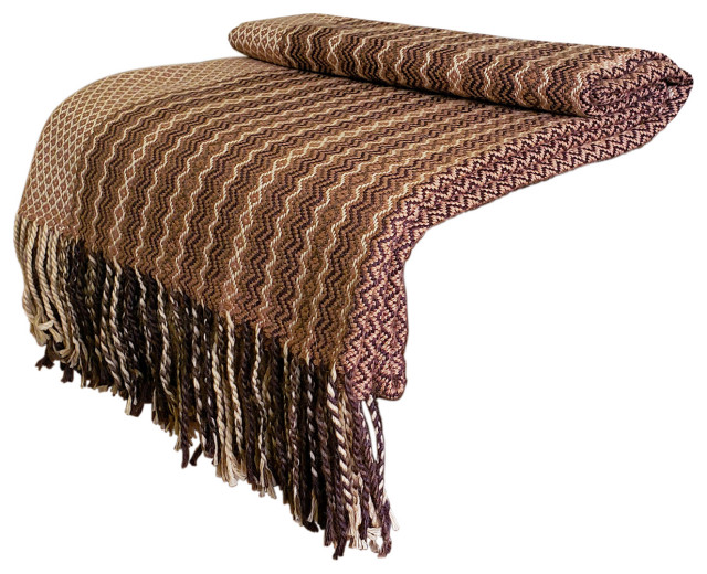 Alpaca and Wool Blend Throw Blanket, Our Moche Throw / Afghan, Beige / Brown