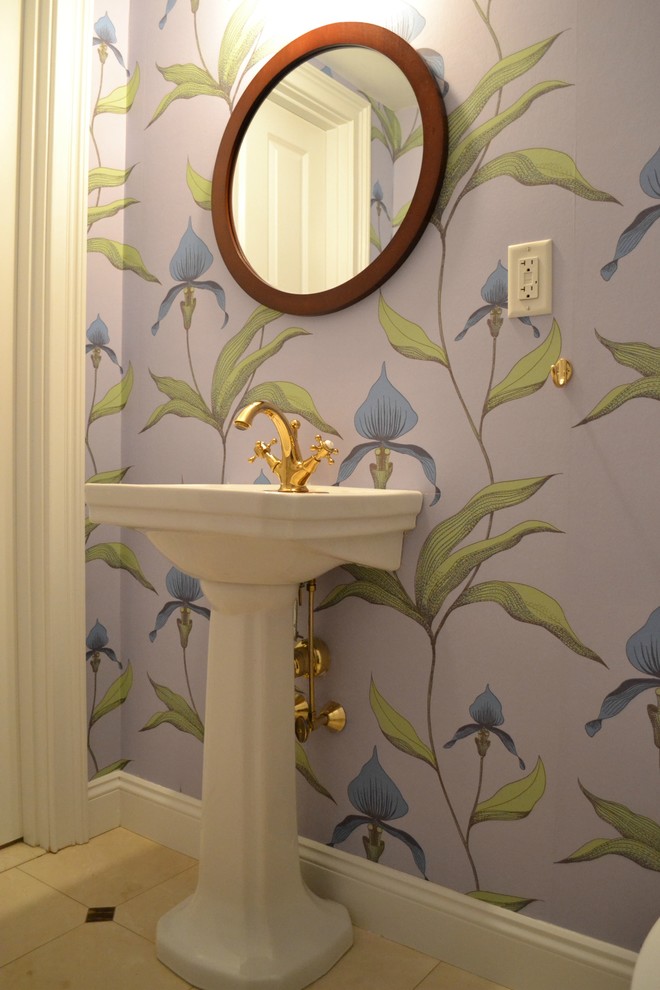 Photo of a small eclectic powder room in Boston with multi-coloured walls, ceramic floors and a pedestal sink.