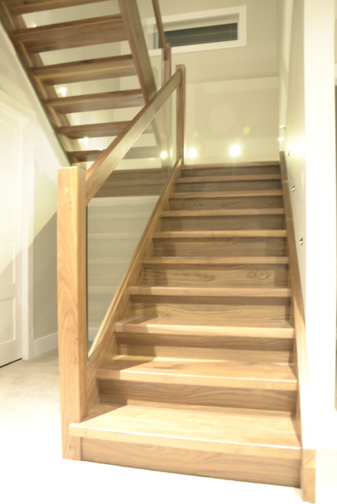 Staircase - mid-sized modern wooden l-shaped open and glass railing staircase idea
