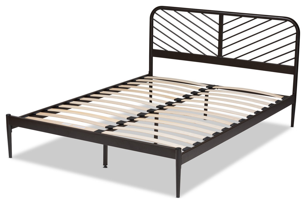 Modern Queen Platform Bed, Black Metal Frame & Geometric Patterned Headboard Midcentury