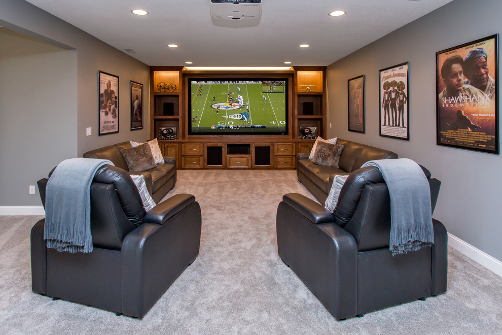 Design ideas for a large transitional home theatre in Other with grey walls, carpet and beige floor.