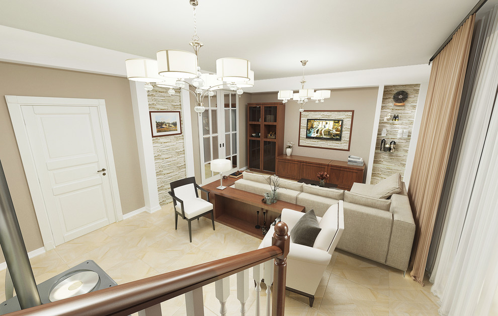 Гостиная с лестницей и камином