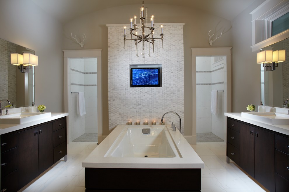 Design ideas for a large contemporary master bathroom in Miami with flat-panel cabinets, dark wood cabinets, a drop-in tub, a double shower, white tile, mosaic tile, beige walls, marble floors, a drop-in sink, quartzite benchtops, white floor and an open shower.