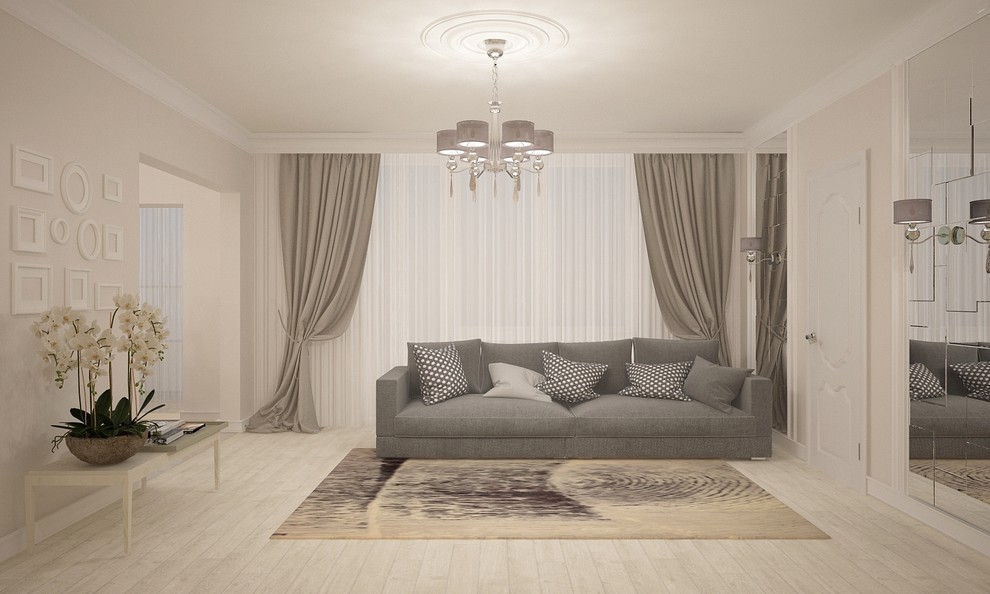 Классические мотивы в современном интерьере кухни-гостиной.