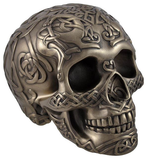 Bronzed Skull with Celtic Knotwork Statue Pagan