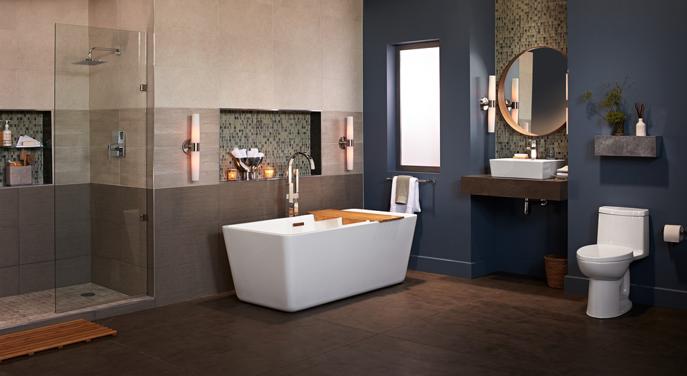 Large contemporary master bathroom in New York with a freestanding tub, a one-piece toilet, terra-cotta floors, an alcove shower, mosaic tile, a vessel sink, brown floor and an open shower.
