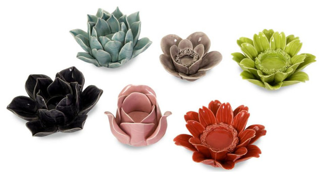 Leona Assorted Flower Candleholders - Set of Six