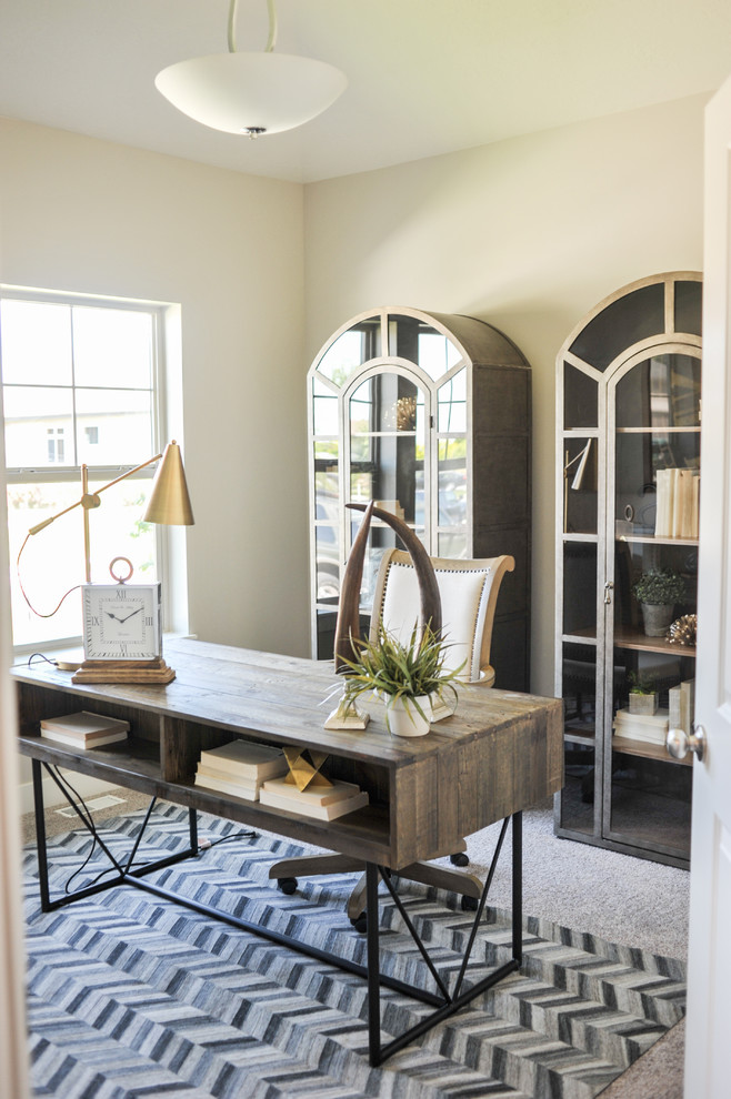 Home office - mid-sized transitional freestanding desk carpeted and gray floor home office idea in Salt Lake City with gray walls and no fireplace