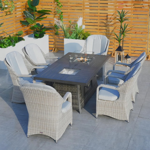 6-Seat Patio Wicker Dining Set with Firepit and Ice Container Table ...