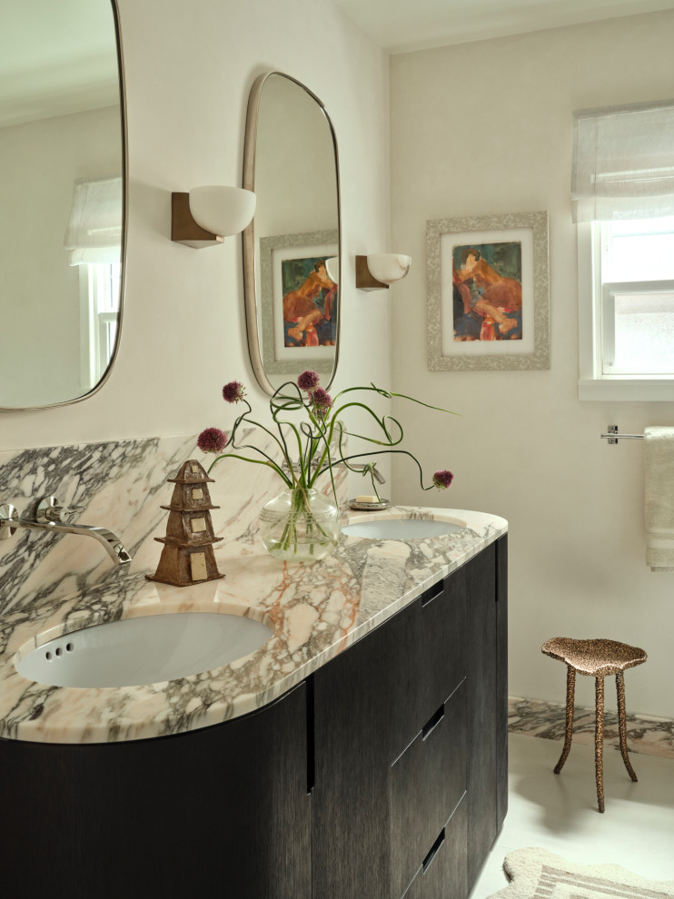 Transitional white floor and double-sink bathroom photo in Los Angeles with flat-panel cabinets, black cabinets, beige walls, an undermount sink and a freestanding vanity