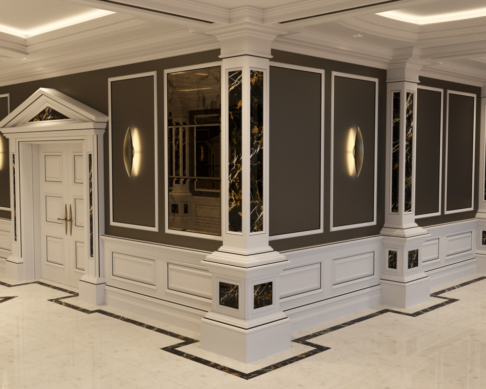 This is an example of a hallway in Other with marble floors, white floor, coffered and panelled walls.