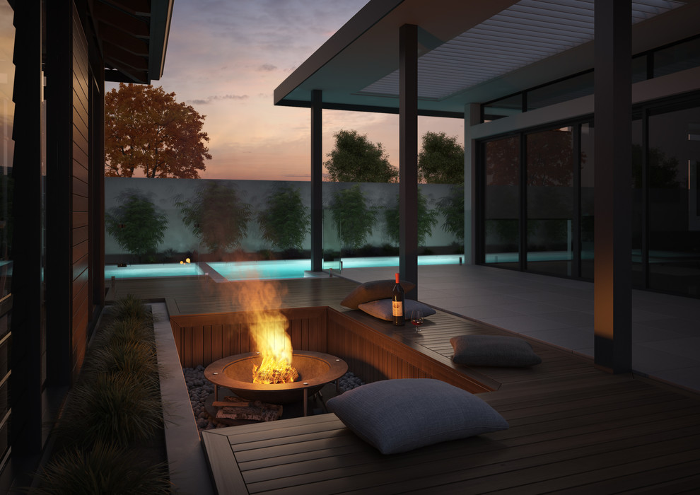 Design ideas for a large contemporary backyard deck in Melbourne with a fire feature and a pergola.