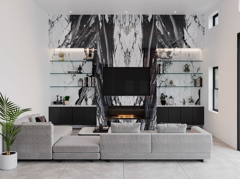 Großes, Offenes Modernes Wohnzimmer mit weißer Wandfarbe, Kalkstein, Gaskamin, Kaminumrandung aus Stein, TV-Wand, grauem Boden, gewölbter Decke und Steinwänden in Los Angeles