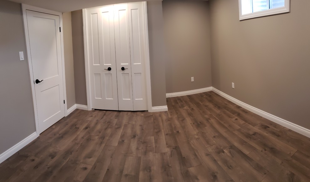Inspiration for a transitional look-out basement in Other with grey walls, laminate floors and grey floor.