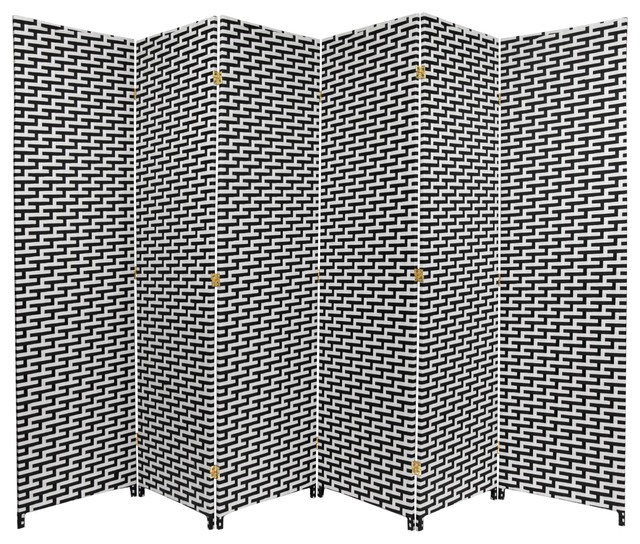 6' Tall Woven Fiber Room Divider, Black/White, 6 Panel