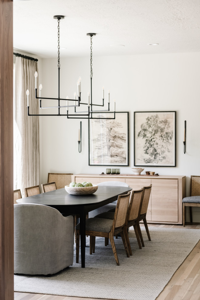 Transitional dining room in Salt Lake City with white walls, light hardwood floors and beige floor.
