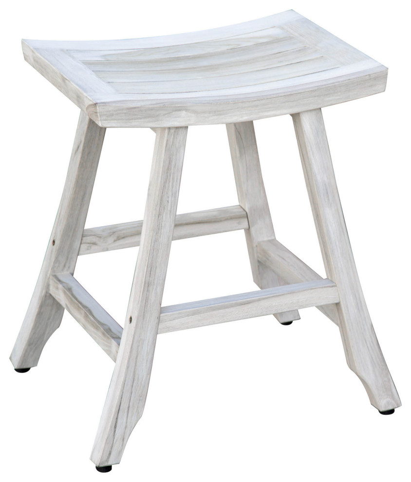 Compact Curvilinear Teak Shower Outdoor Bench, Driftwood Finish