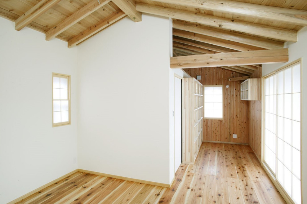 Idéer för att renovera ett mellanstort funkis huvudsovrum, med vita väggar och ljust trägolv