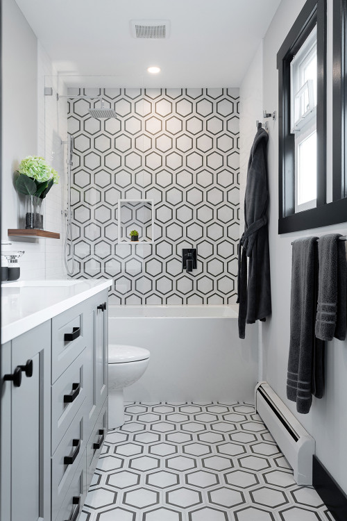 Hexagonal Harmony: White Shower Tile Ideas with Black Contrast for a Striking Bathroom