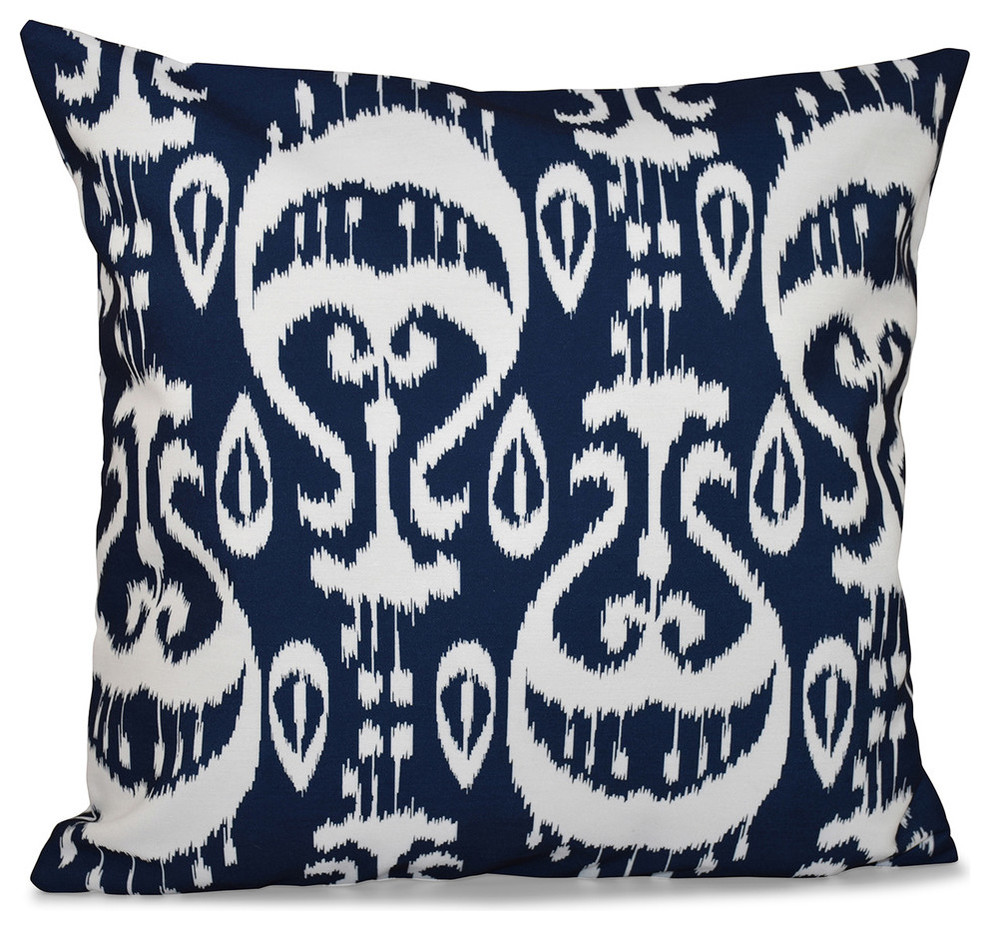 Ikat , Geometric Outdoor Pillow, Navy Blue, 20"x20"