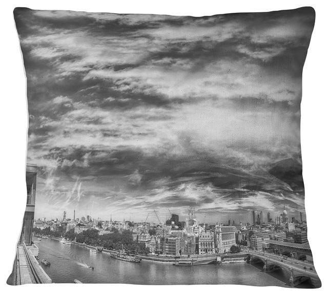 Black and White Panoramic London Cityscape Throw Pillow, 16"x16"
