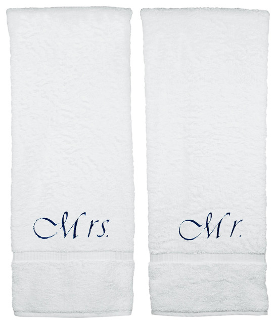 MR /& MRS TOWEL SET BLACK EMBROIDERY ON WHITE TOWEL WEDDING GIFT