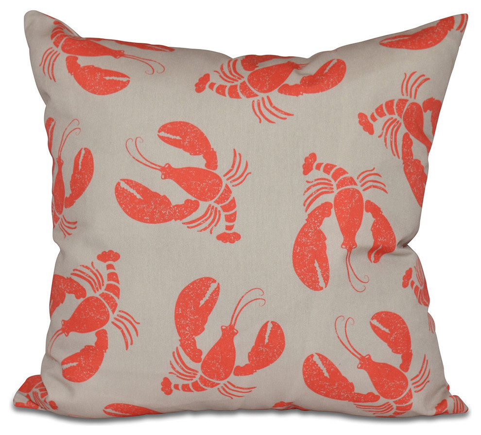 Lobster Fest, Animal Print Outdoor Pillow, Taupe And Beige, 20"X20" Beach Style Outdoor
